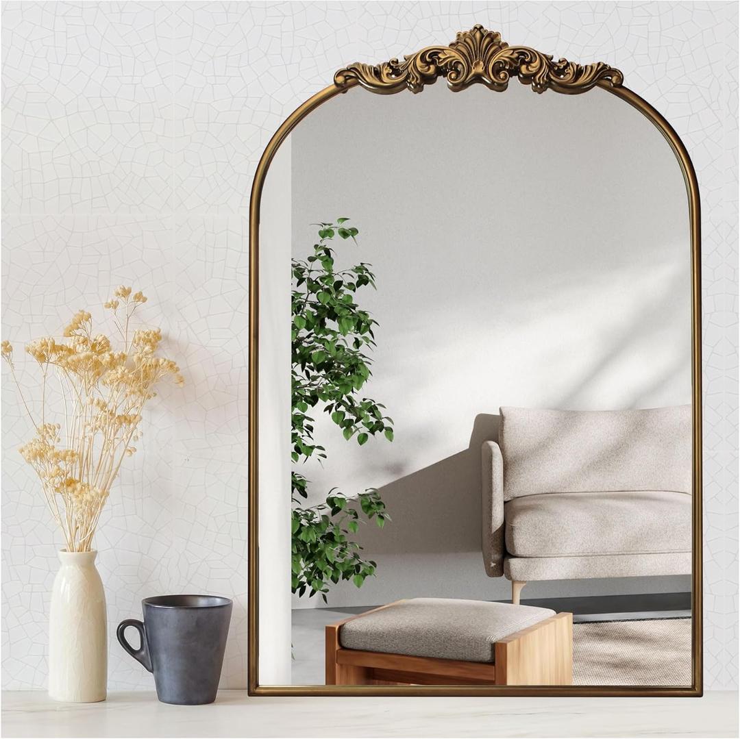 Ornate Baroque Vintage Gold Mirror - 24"X36" Arched Antique Brass Mirror with Full Metal Frame - Perfect for Entryway, Fireplace, Living Room, Hallway, or Bathroom Dcor