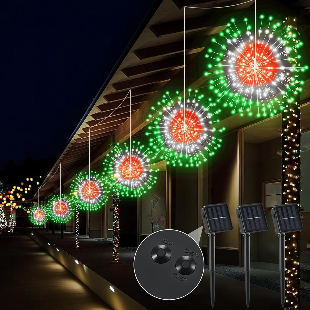 3 Set Christmas Solar Firework Lights Outdoor 120 LED 8 Modes Waterproof LED Hanging Fairy Lights for Christmas Garden Patio Yard Holiday Decoration(Multicolor,Double Style)