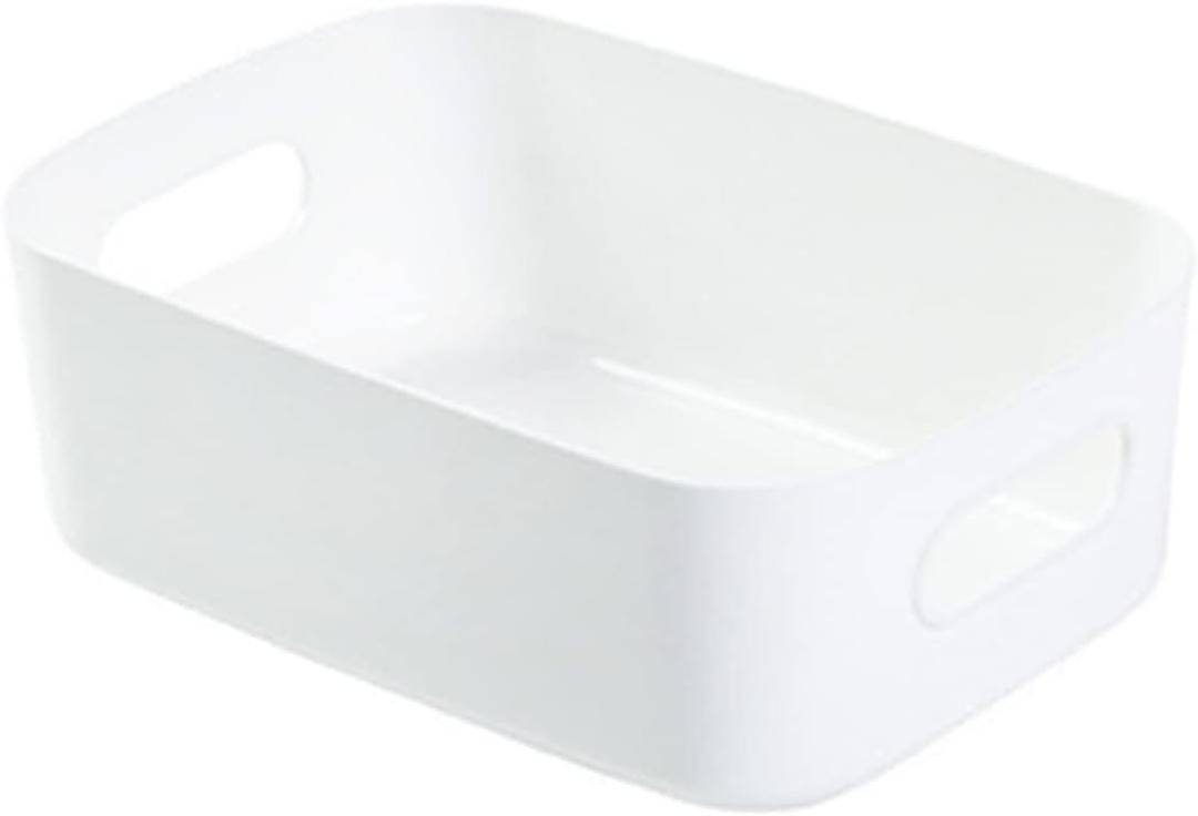 Plastic Storage Basket, Desktop Storage Basket with Handle Reusable PP Cosmetic Storages Box Desktops Sundries Organizer with Handle for Household(Small-White)