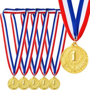 Juvale 5-Pack 1st Place Winner Gold Medals for All Ages, Participation Awards with 15.5-Inch Red, White, and Blue Ribbon for Sports, Tournaments, Competitions (Metal, 2 in)