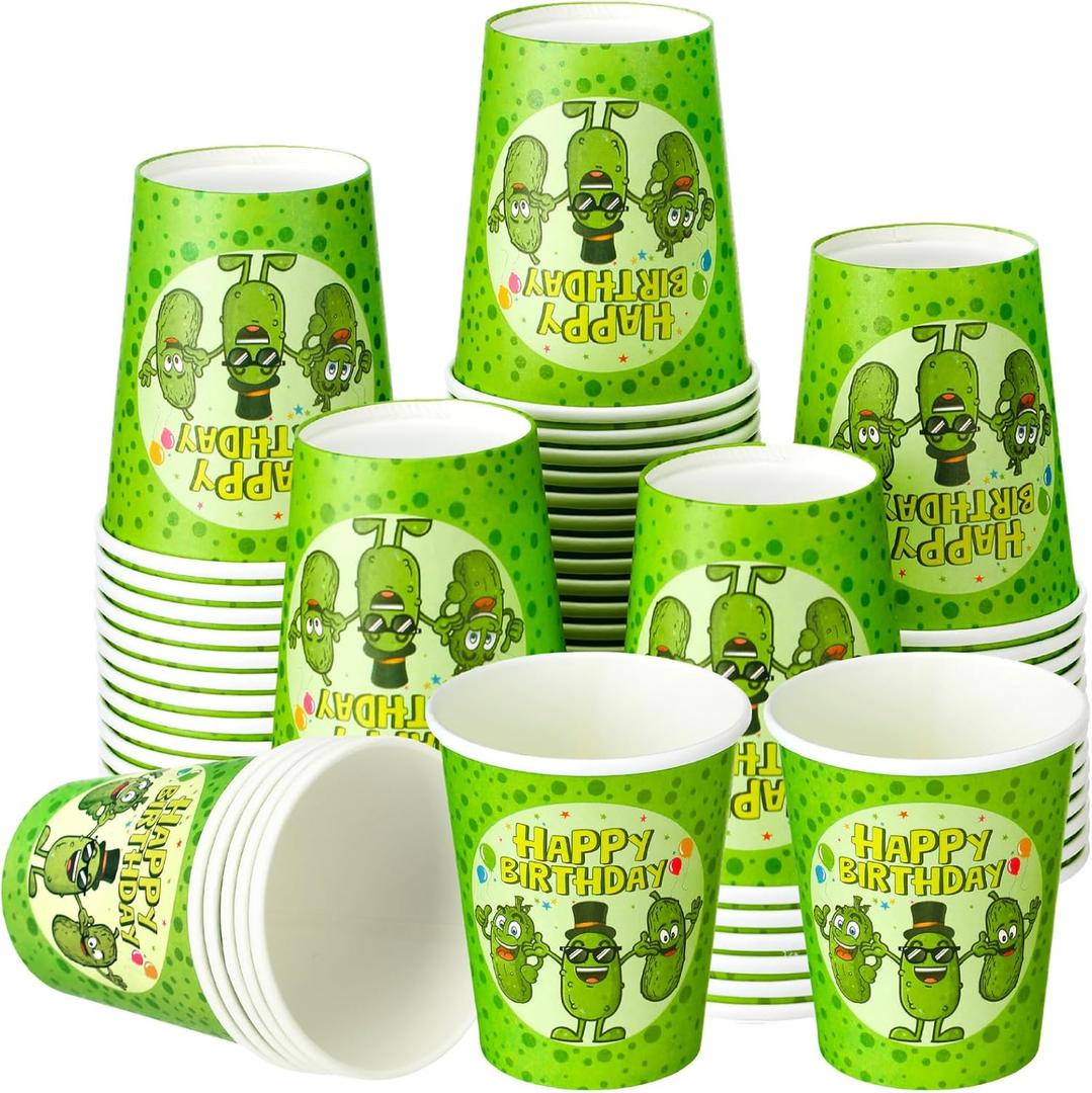 50 Pcs Funny Pickle Birthday Party Cups 9oz Pickle Birthday Decorations Organic Disposable Cartoon Cucumber Dill Decor Paper Cups Dill Day Decor for Fruit Vegetable Theme Party Supplies Cucumber Fan