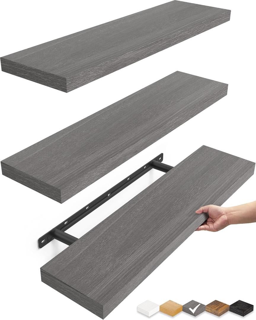 BAYKA Floating Shelves for Wall, 22.5 inches Wall Mounted Rustic Wood Shelves for Bathroom, Bedroom, Living Room, Floating Shelves for Books/Storage/Decor (Grey,Set of 3) (E. Grey - Industrial Edge Style)
