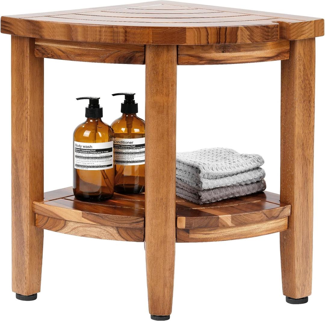 18" Teak Corner Shower Stool, 2-Tier Teak Shower Bench with Storage Shelf, Adjustable Non-Slip Feet, Natural