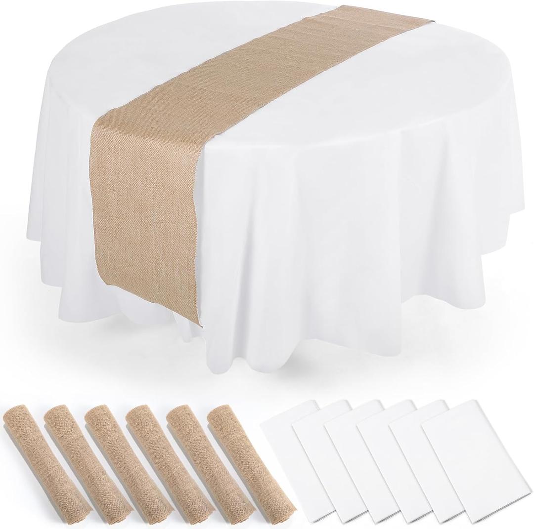 Oudain 12 Pack 12 x 108 Inch Burlap Table Runner 6 Pack 84 Inch Plastic Table Cover Rustic Wedding Party Decoration Disposable Plastic Tablecloths for Wedding Graduation Birthday(Round)