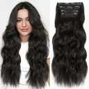 ALXNAN Clip in Long Wavy Synthetic Hair Extension 24 Inch Black Brown 4PCS Thick Hairpieces Fiber Double Weft Hair for Women