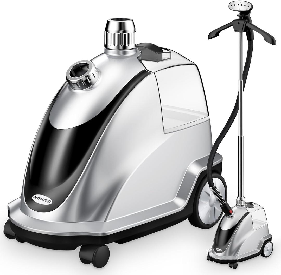 Anthter Steamer for Clothes, 1500W Powerful Standing Garment Steamer with Roll Wheels, 2.4L Water Tank for 90 Mins Continuous Steaming, 35s Fast Heat-up (Silver)