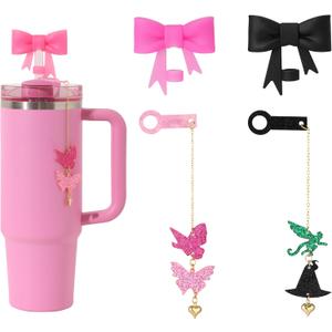2 x Cup Accessories Set 10mm Flying Monkey Butterfly Straw Charm for 30&40 oz Tumbler with 2pc Bow Straw Cover, 0.4 inches diameter, 4.5 inches long