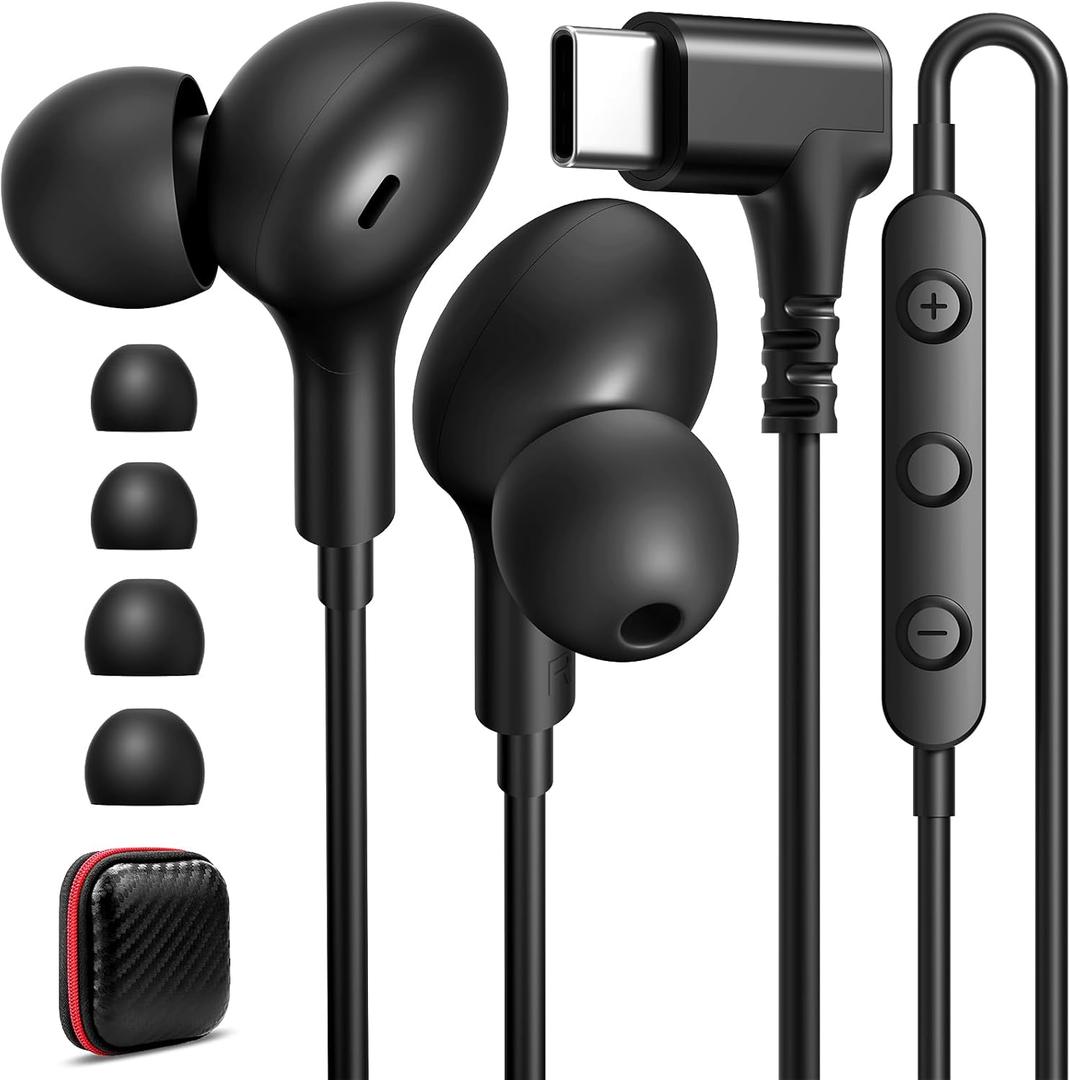 90 Angled USB C Headphones Wired Earbuds, Type-C Earphones with Mic, No Charging No Dropouts, Perfect for Travel Commute Gaming, Compatible with iPhone 17 17e 16 15 for Samsung/Galaxy S26 S25, Black