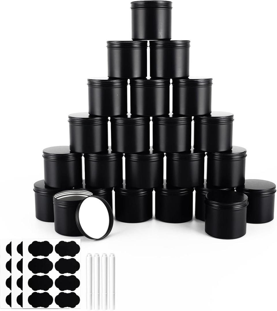 OBKJJ Black Candle Jars 10 oz Matte Tins 24 PCS Metal Candle Containers with Lids Bulk Candle Containers for Balms, Salve, Spices, Beard Balm, Crafts with 4 Markers 6 Sheets Label Stickers