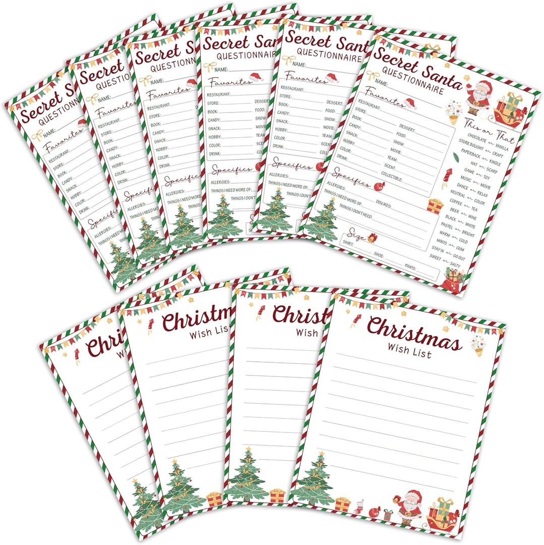 2 x 20Pcs Christmas Secret Santa Questionnaire Set, 8"x10" Double-sided Xmas Gift Exchange Wish List Fill In The Blank Cards For Kids, Adults, Christmas Family Office Party Activities Supplies - A01