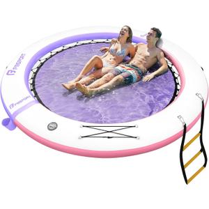 FBSPORT Inflatable Water Hammock Round Floating Ring, 8ft Inflatable Dock Floating Platform for Lake W/Cupholder, Sun Float Chill Raft Float Ring Tanning Pool Lounger Island Platform Pad, Purple Pink