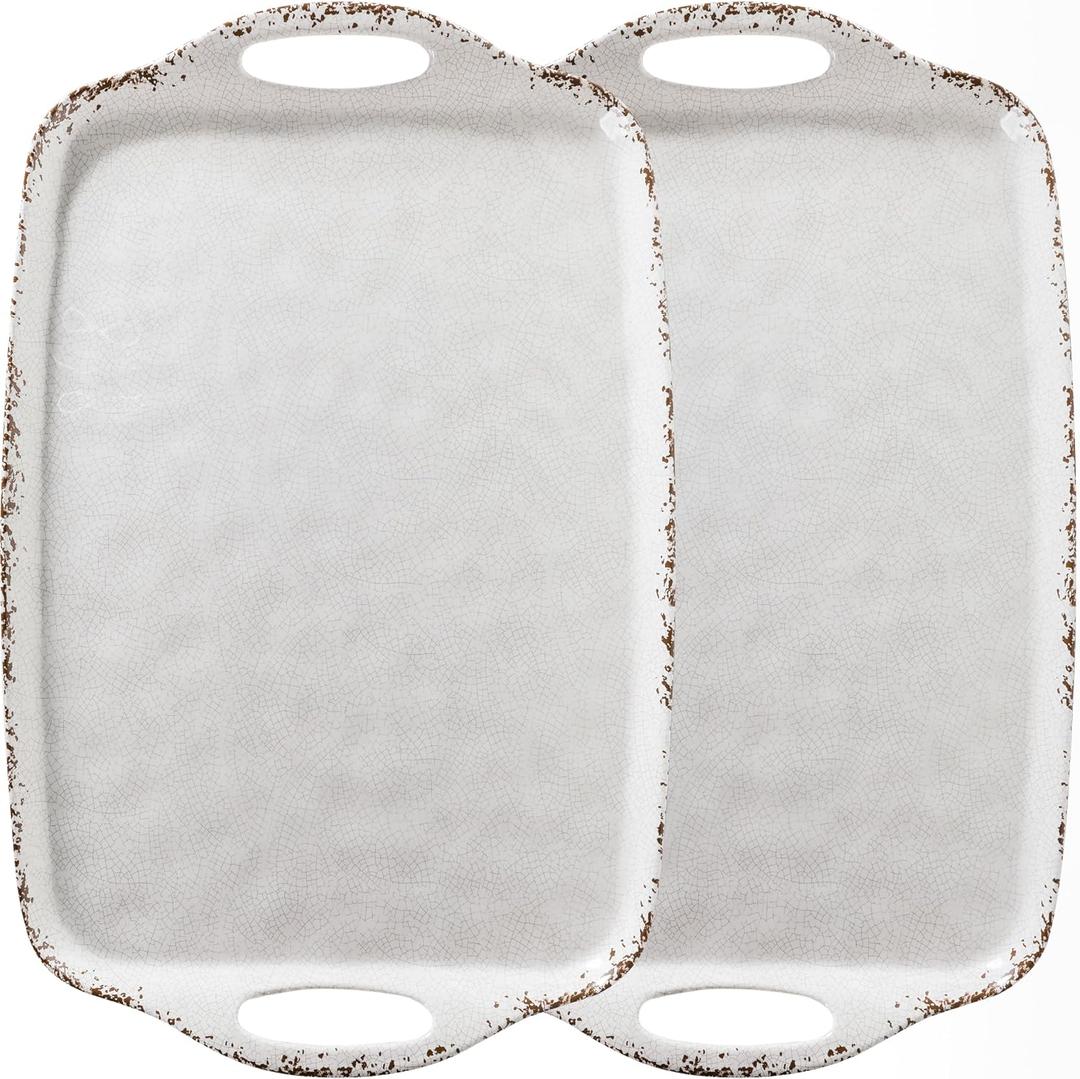 Farmhouse Melamine Serving Tray with Handles, Set of 2, 19"x12" Extra Large Rectangular Turkey Serving Platter, Serving Food Trays for Entertaining, Christmas,Thanksgiving,Party, Ivory