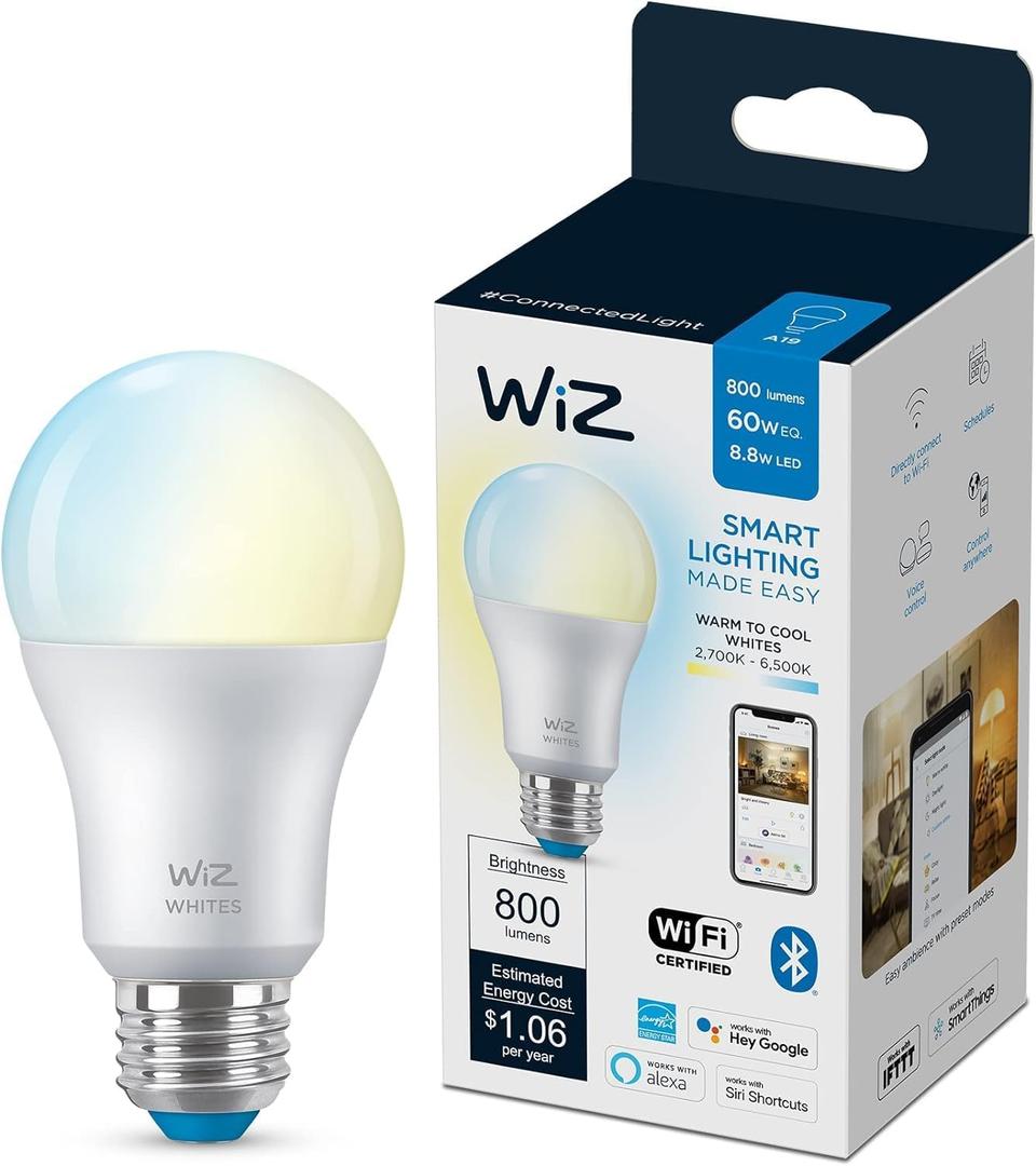 WiZ 60W A19 Tunable White LED Smart Bulb - Pack of 1 - E26- Indoor - Connects to Your Existing Wi-Fi - Control with Voice or App + Activate with Motion - Matter Compatible