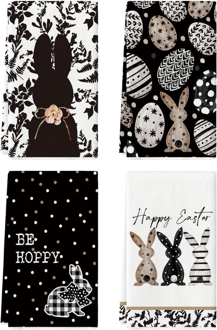 Artoid Mode Black Bunny Eggs Flower Happy Easter Kitchen Towels Dish Towels, 18x26 Inch Spring Farmhouse Leaves Decoration Hand Towels Set of 4