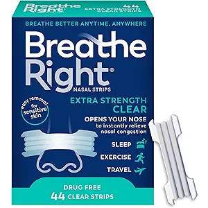 Breathe Right Nasal Strips | Extra Strength | Clear | For Sensitive Skin I DrugFree Snoring Solution & Nasal Congestion Relief Caused by Colds & Allergies | 44 Count 