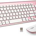 FENIFOX Keyboard and Mouse Wireless, USB 2.4GHz Combo Silent Quiet Low Profile Compact Full Size Flat Slim Thin Portable with Number Pad Soft Cover for PC Laptop Computer Office - Pink & Rose Gold