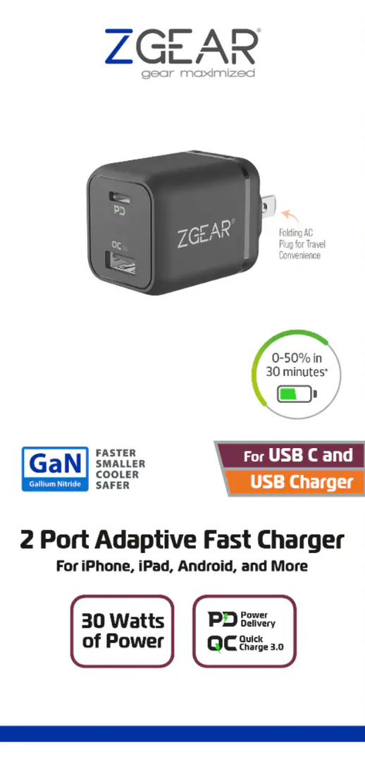 ZGear 2 Port Adaptive Fast Charger, For iPhone, iPad, Android, and More, 30 Watts of Power, for USB C and USB Charger