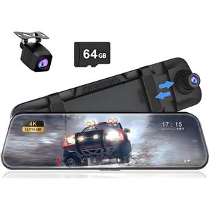 10" Mirror Dash Cam, 4K FHD Rear View Mirror Camera with Smart Touch Screen, Dual Dash Camera for Cars, Loop Recording, G-Sensor, Reverse Assist, Parking Monitor, Night Vision, Free 64GB Card (10" Round Screen-4K+1080P)