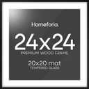 Homeforia 24x24 Black Wood Frame, High End Oak 24 x 24 Square Picture Frames with Mat 20 by 20 inches Photo, 24by24 Black Wooden Poster Frames Matted to 20x20 Print, Tempered Glass, Wall Kit, Set of 1