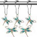 Crystal Dragonfly Shower Curtain Hooks - Brushed Nickel Rings with Rhinestones Dragonfly Pendant,Rust Proof Silver Metal Curtain Hangers (Lagoon Blue)