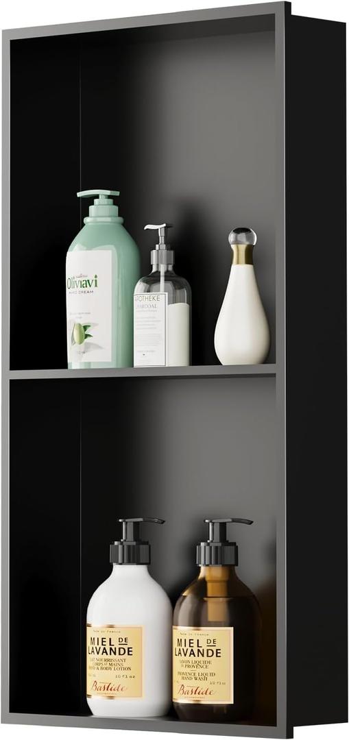 FIESONO Stainless Steel Shower Niche, 12" x 24" No Tile Needed Recessed Wall Niche with Shelf for Bathroom Storage (Matte Black)