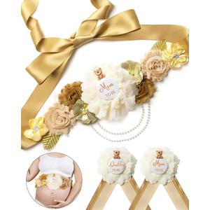 Baby Shower Sash Decorations Mom to Be Corsage Gift Dad to Be Pin 3Pack Set Gold Flower Belt for Maternity Dress - Gender Reveal Pregnancy Photo Props