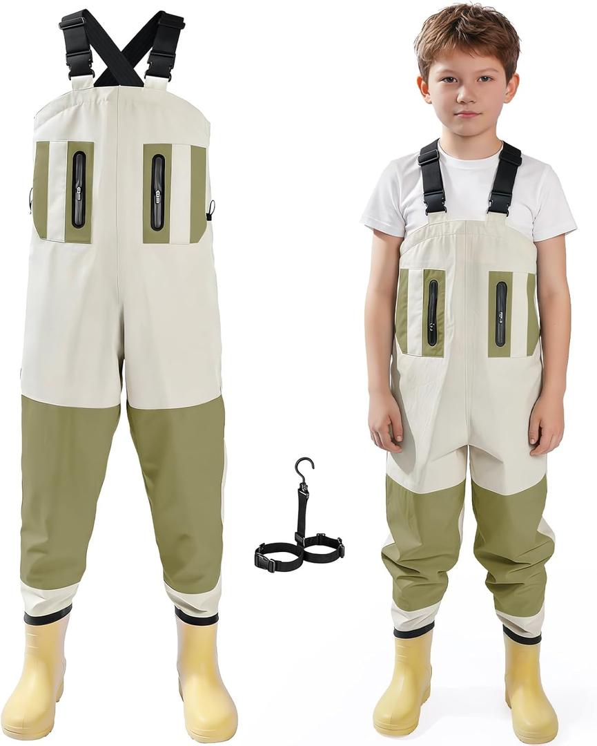 Ghosthorn Chest Waders for Kids,Ultralight Youth Waterproof Fishing Waders,Nylon PVC Duck Hunting Waders for Toddler Children (12/13 Big Kid White)