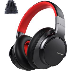 AUSDOM Active Noise Cancelling Headphones: Bluetooth Over Ear Wireless ANC Headphones with Microphone, 50H Playtime, Deep Bass, Hi-Fi Sound, Comfortable Ear Cushions for Travel Work Cellphones (Red & Black)