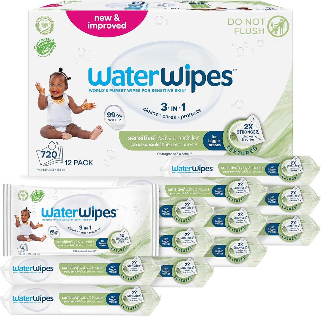 WaterWipes Sensitive+ Baby & Toddler Wipes, 3-In-1 Cleans, Cares, Protects, 99.9% Water, Textured Clean, Unscented & Hypoallergenic, 540 Count (Pack of 9)