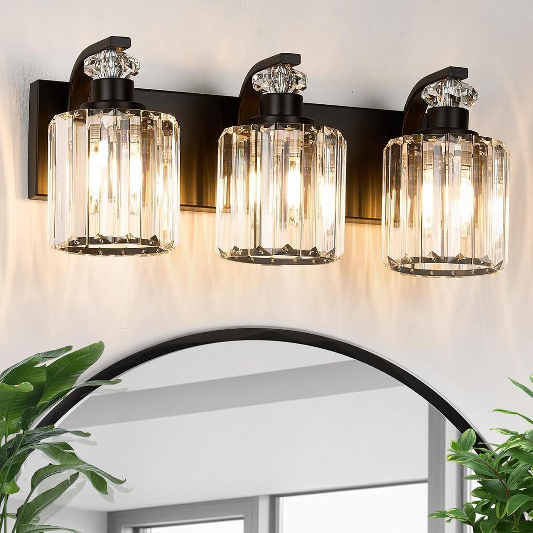 Black Bathroom Light Fixtures with K9 Crystal Lampshade Bathroom Lighting Over Mirror Vanity Lights for Living Room,Bedroom,Restroom,Hallway 3 Lights