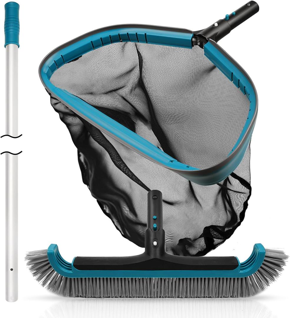 POOLWHALE Swimming Pool Cleaning Kit - Aluminum Frame Skimmer Net with 10Ft Adjustable Pole & 17.5 Pool Brush Head, Pools Maintenance Kits for Inground & Above Ground Swimming Pools, Removes Debris