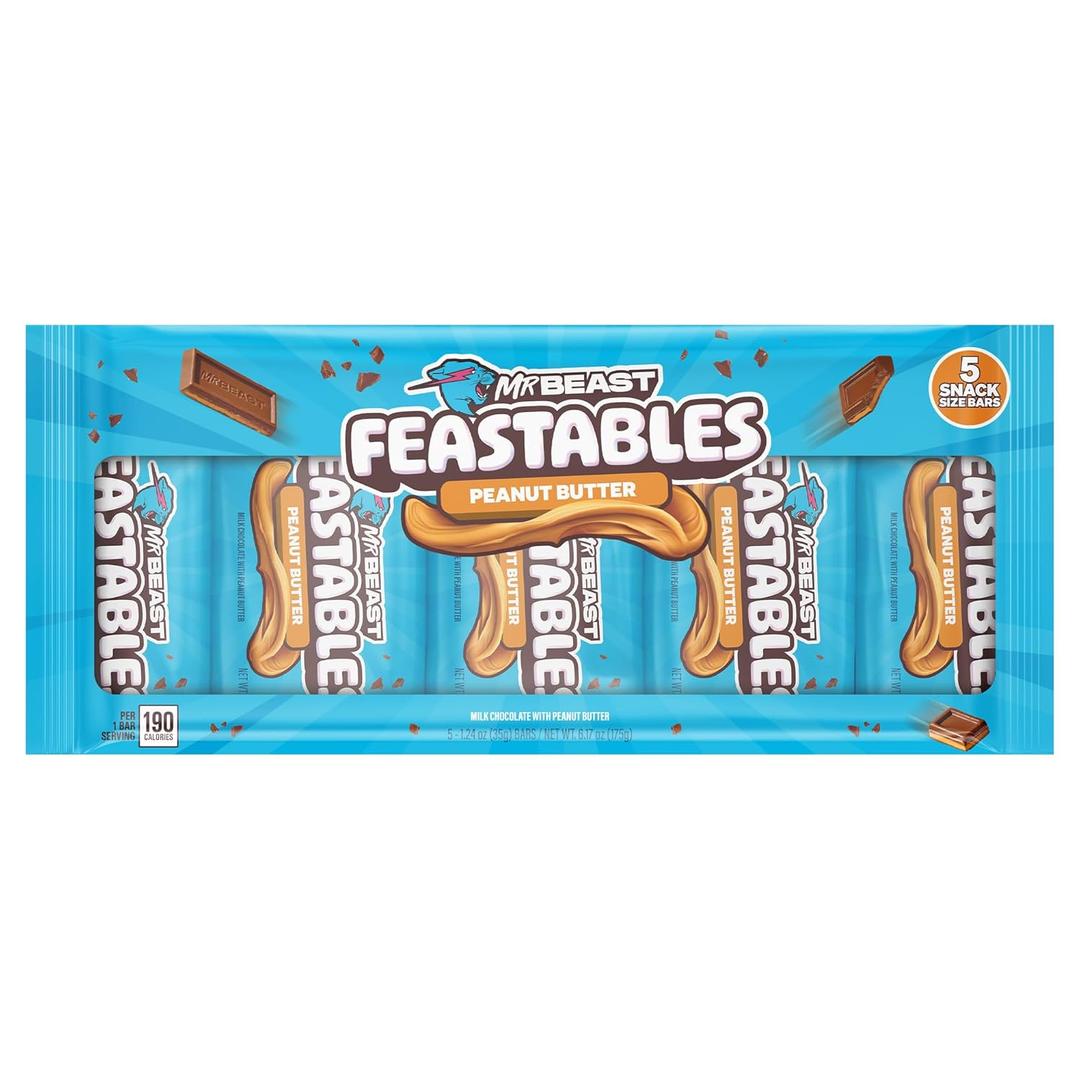 Feastables MrBeast Peanut Butter Milk Chocolate Chocolate Bar, Full Size Bar for Adults & Kids, Candy Bars, Snacks, Gifts, & Dessert, Fairtrade Cocoa, 1.24 Oz Each, 5 Count BB Date 11/Jan/26