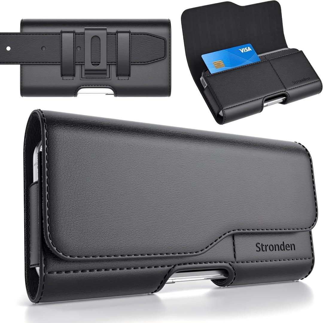 Stronden Magnetic Closure Holster for iPhone 17 Pro, 17e, 17, 16 Pro, 16e, 16, 15 Pro, 15, 14 Pro, 14, 13 Pro, 13, 12 Pro, 12, 11, XR - Leather Belt Case Pouch (Fits Slim/Regular Case on)