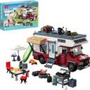 City Camper Van Building Set-Beach Camping Themed Construction Toy Kit with Mini Accessories&Lights, RV Car Model Compatible with Legos,Birthday Gift for Adults and Kids 6+(880 pcs)