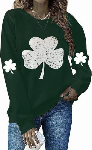Ykomow St Patricks Day Sweatshirt Women Long Sleeve Leopard Shamrock St. patricks Shirts Tees (S, C-Green)