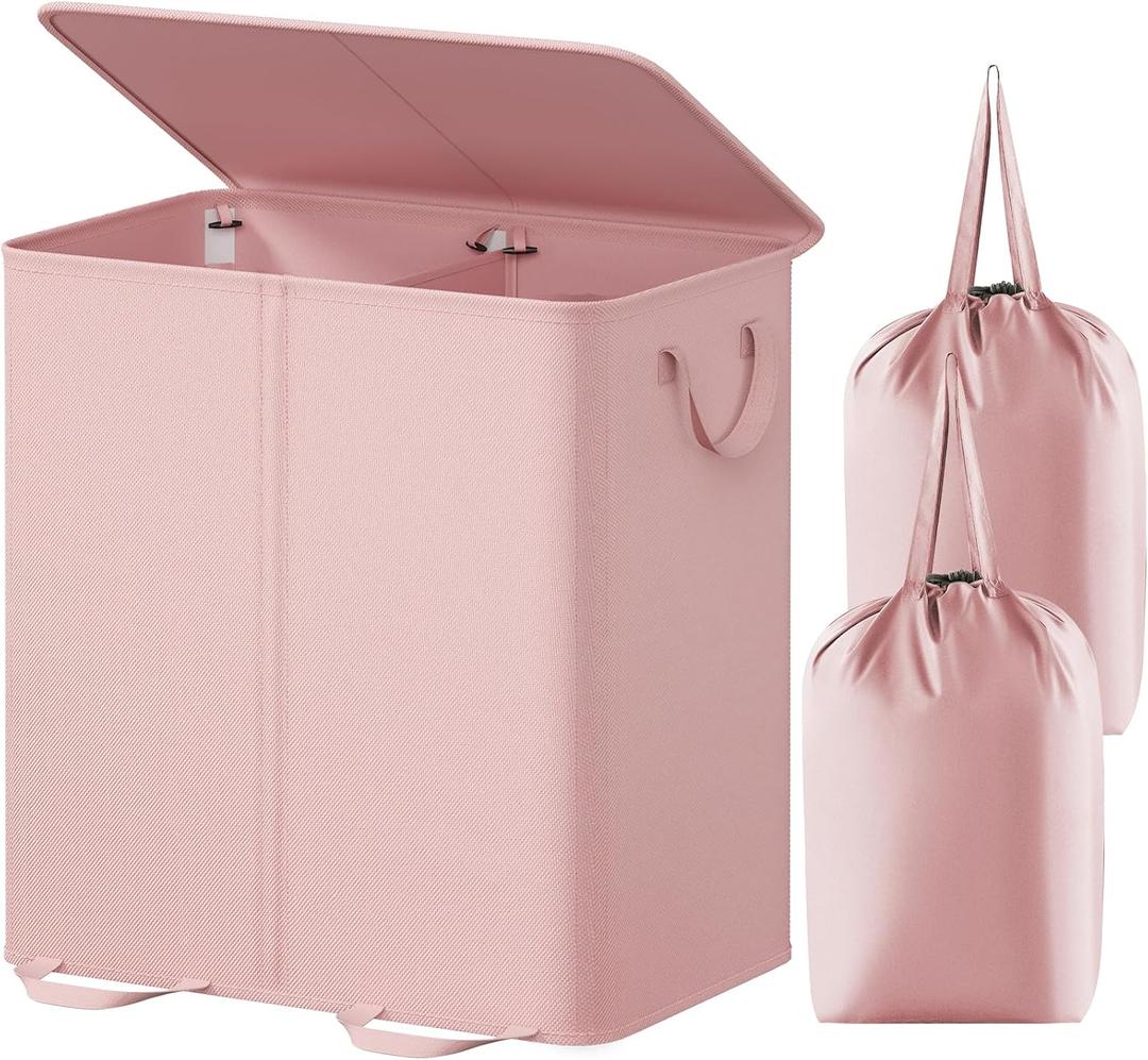 Lifewit Double Laundry Hamper with Lid and Removable Laundry Bags, Large Collapsible 2 Dividers Dirty Clothes Basket with Handles for Bedroom, Laundry Room, Closet, Bathroom, College, 136L Pink
