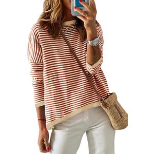 Dokotoo Women Cotton Sweaters Casual Crewneck Knitted Long Sleeve Winter Trendy Striped Top Colorblock Pullover Sweater Jumper Fall Outfits Brown Large