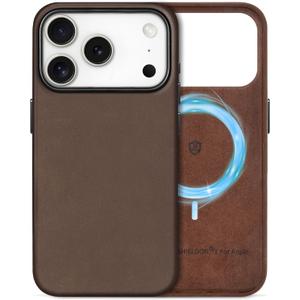 SHIELDON Case for iPhone 17 Pro 6.3" 2025 | Top Grain Crazy Horse Leather, Compatible with Magsafe, Slim Fit, Magnetic Wireless Charging, Non-Slip, Shockproof, Metal Buttons, Camera Bezel - Dark Brown