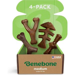 Benebone Medium 4-Pack Dog Toys for Aggressive Chewers  Durable Dog Bones, Made in USA  Dog Toys for Medium Dogs Under 60 lbs