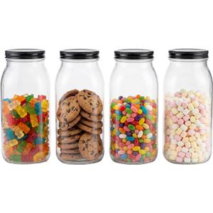 Novelinks 64 oz Large Plastic Mason Jars with Airtight Lids, 4 Pack Big Jars Wide Mouth and Plastic Storage Containers for Pantry, Pickle, Sauce, Sugar (4 Pack,Black)