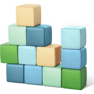 Foam Building Blocks for Toddlers 12-Pieces Wipeable Leather Stacking Cubes Kids - Large Soft Toys Play Set for Learning Construction Baby Preschool Daycare Therapy Birthday Gift (Yellow Green)