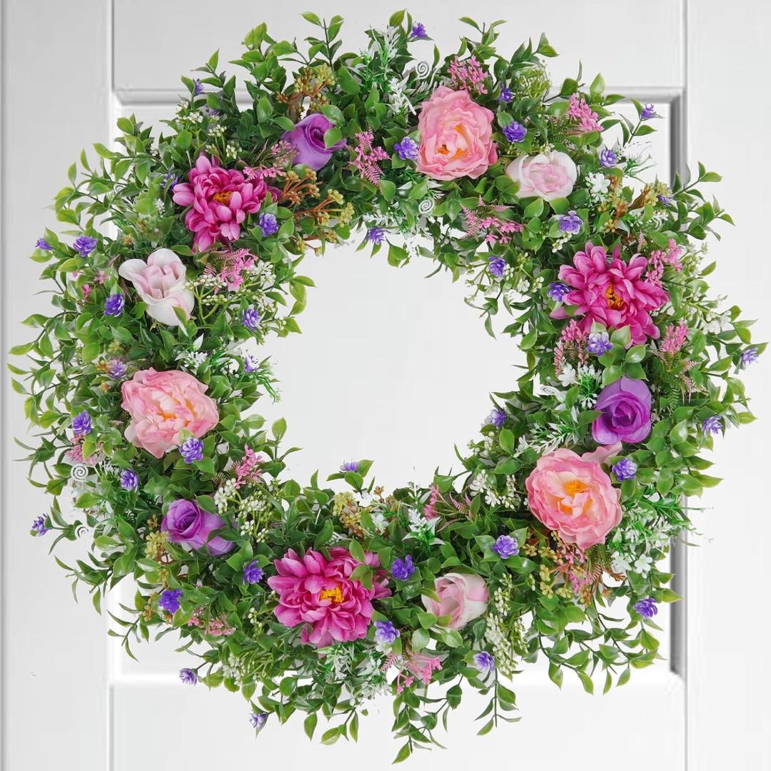 Summer Wreaths for Front Door - 24 Inch Spring Summer Wreath with Colorful Flower and Green Leaves,Indoor Outdoor Wreaths for Home Porch Farmhouse Decoration DiliComing