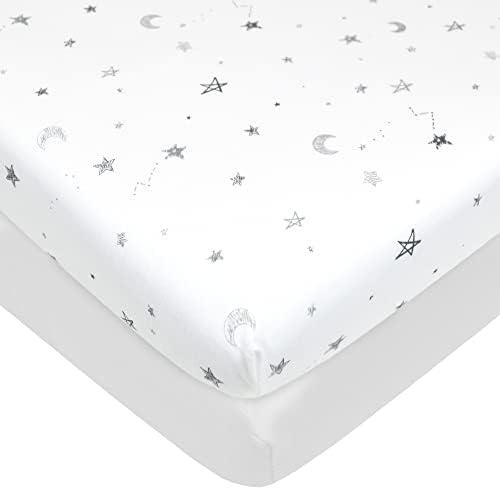 American Baby Company 2 Pack 100% Natural Cotton Fitted Pack and Play Sheets 39" x 27" - Soft & Breathable Pack N Play Sheets for Playard & Mini Crib Mattress, Gray Star and White, for Boys & Girls
