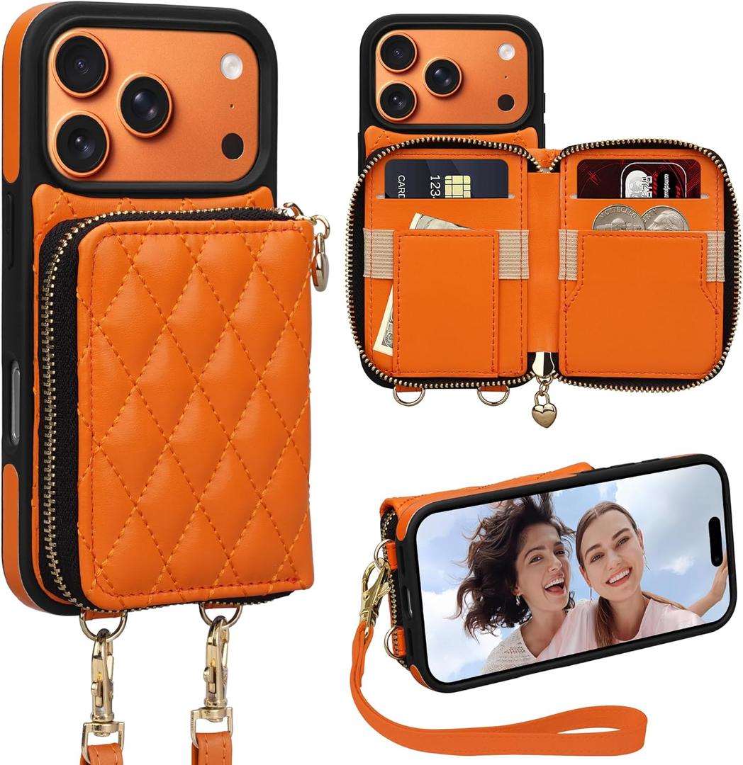 Keallce for iPhone 17 Pro 6.3'' Wallet Case, Crossbody Zipper Purse with Wristlet for Women, RFID Blocking Card Holders, Flip Leather Case for iPhone 17 Pro, Orange