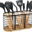 Utensil holder for Kitchen Counter- Large Utensils Holder For Farmhouse Cooking 13.5" x 4.3" x 6.9" with Wooden Base Matte Black Cooking Utensil Holder Spatula Holder Utensil Caddy