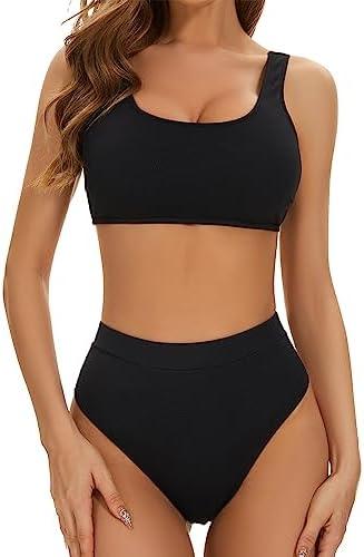 iSwaves Women Two Piece U Neck Bikini Crop Top High Cut Swimsuit Sporty Bathing Suit, Size L