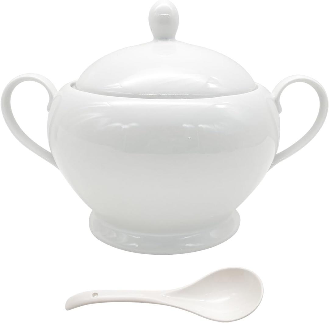 REANRO Porcelain Soup Tureen with Lid and Ladle Set, Double-Ear Covered Tureen Classic Serving Bowl for Soups, White