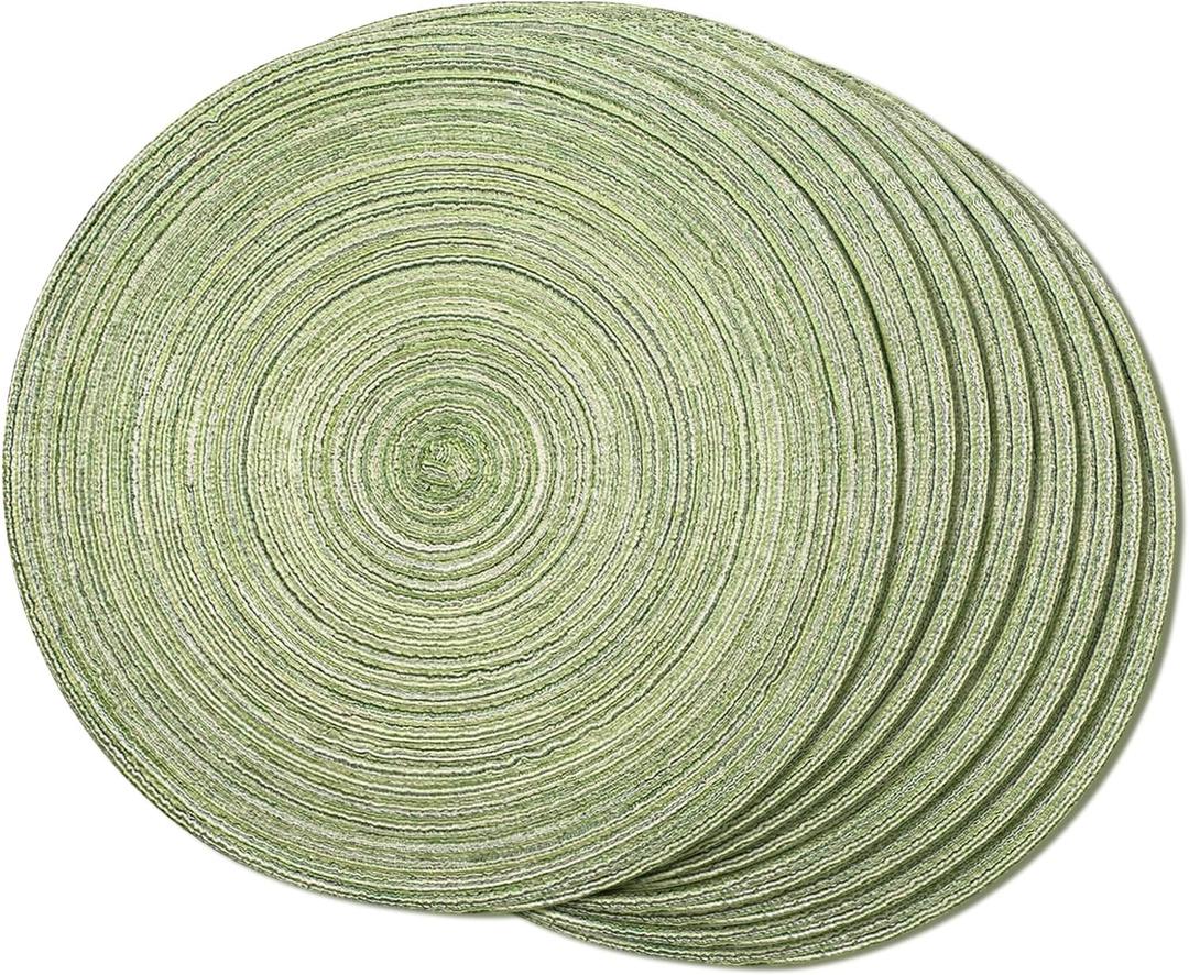 FunWheat Round Braided Placemats Set of 8 Place mats for Dining Tables Woven Heat Resistant Table Mats 15 inch(E Light Green, 8pcs)