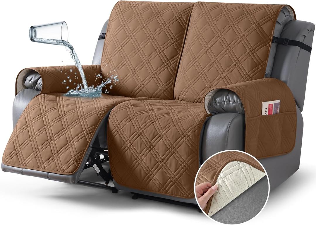 TAOCOCO 100% Waterproof Loveseat Recliner Cover, Non Slip Split Recliner Couch Cover with Elastic Straps, Washable Reclining Sofa Cover Furniture Protector for Kids, Pets(2 Seater, Brown)