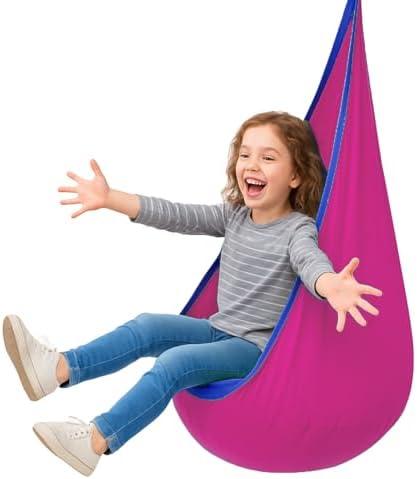 Kids Sensory Swing with 360° Rotation & Adjustable Height – Indoor/Outdoor Pod Swing for Autism, Durable, Safe with Four-Hole Screws, Supports Up to 176lbs – Complete Accessories Kit（Pink）